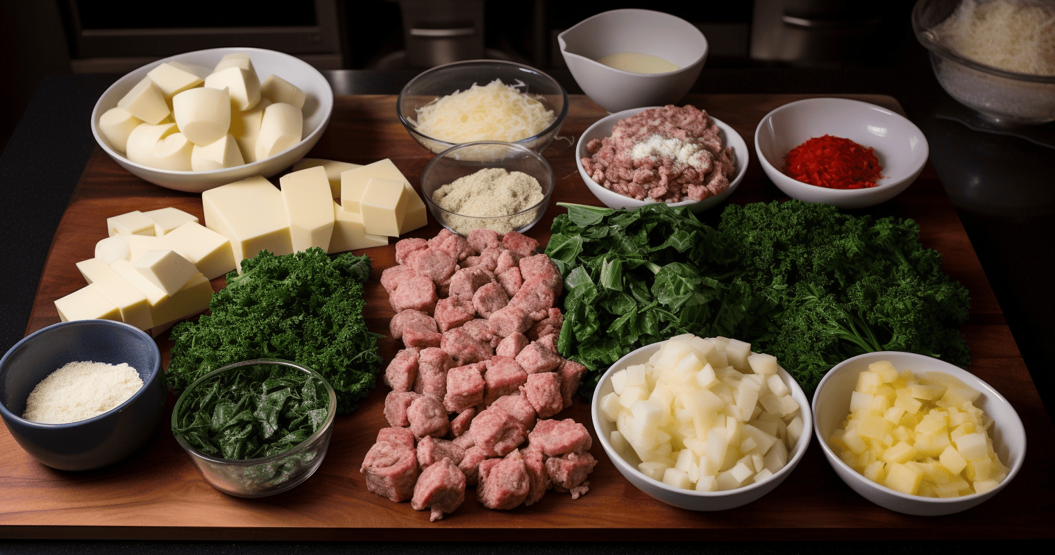 Italian Sausage, Bacon, Onion, Garlic, Chicken Broth, Potatoes, Red Pepper Flakes, Kale, Heavy Cream, Parmesan Cheese